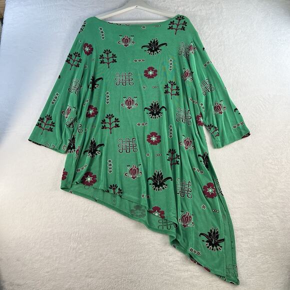 Slinky Brand Plus 1X Tunic Top Asymmetric Geometric Print V-Neck Lagenlook Green - Picture 12 of 13